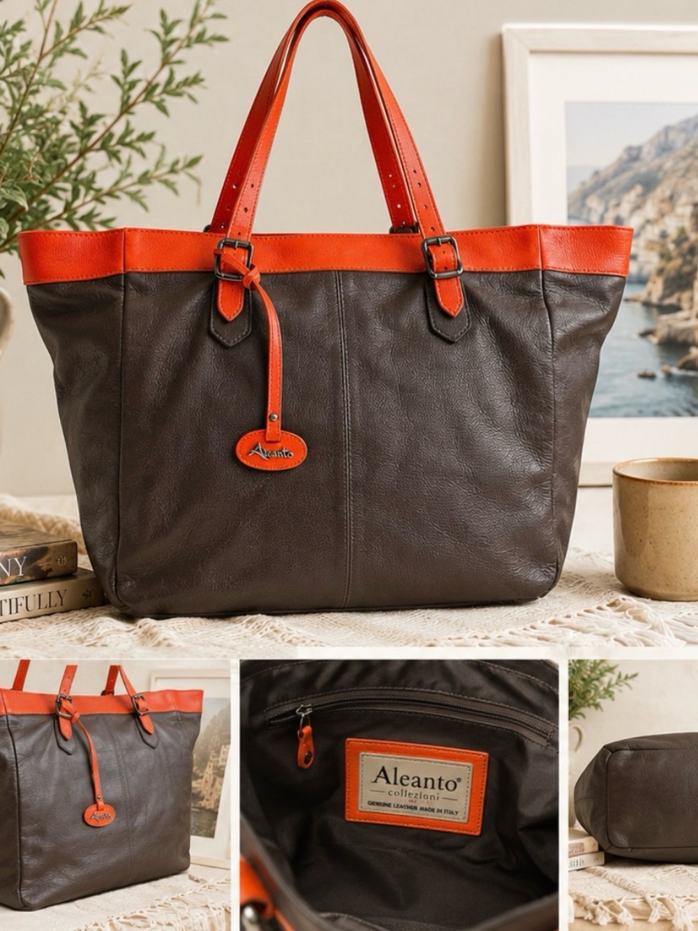 Aleanto Collezioni Italian Leather Large Tote Brown Orange Shopper Made Italy